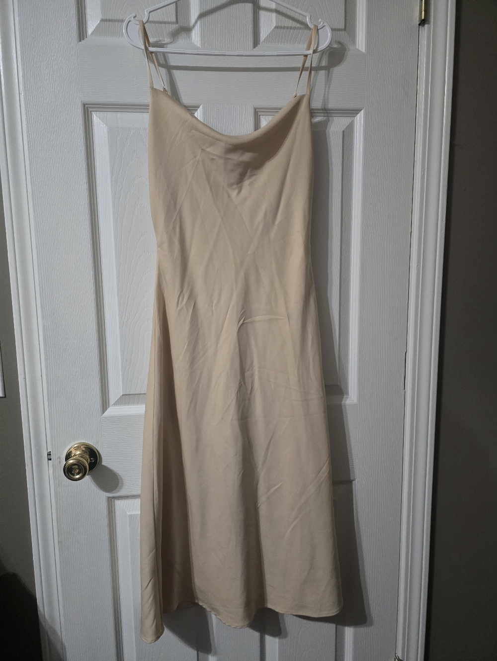 Hebeos Cowlneck Bodycon Midi Length Minimalist Dress in Buttery Cream, EUC!